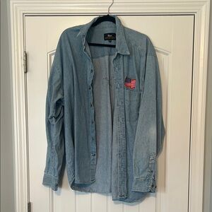 Vintage Blue Denim Shirt with Flag Patch 2XL